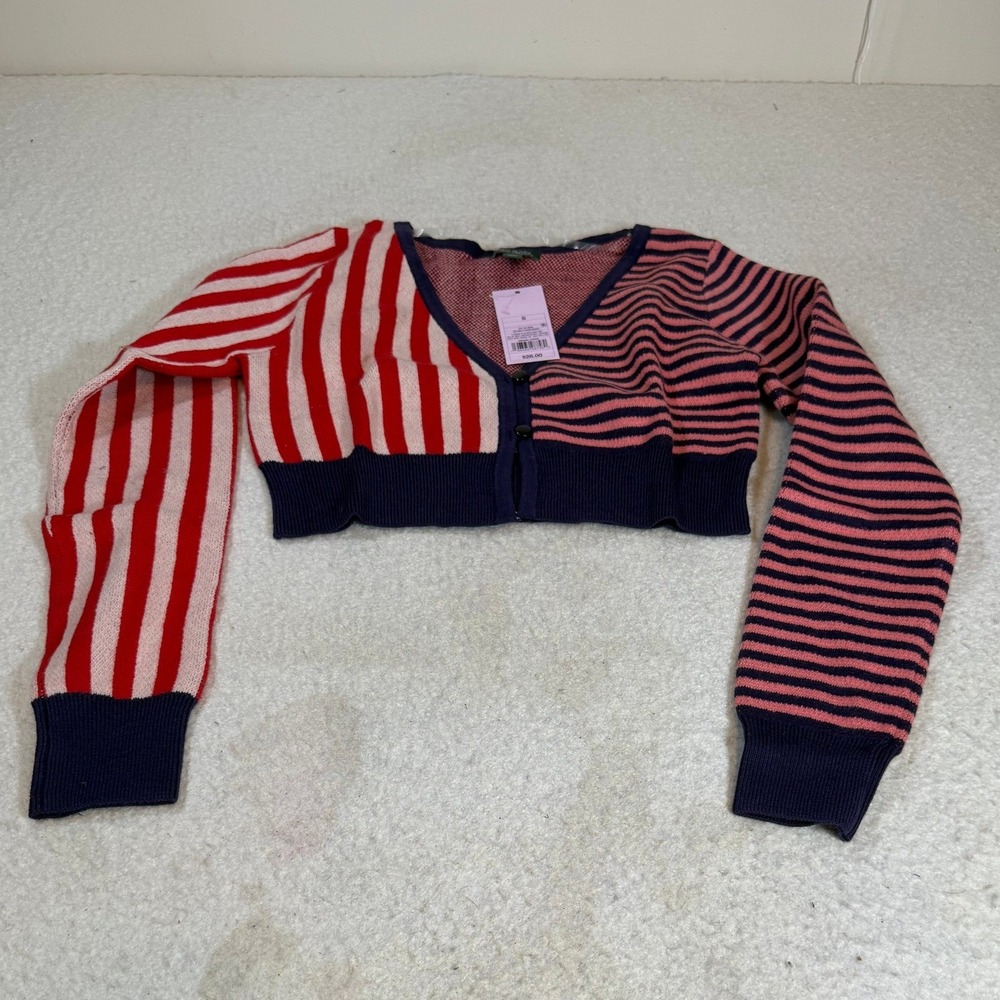 Wild Fable Mixed Stripe Cropped Cardigan Red Pink Navy Blue V-Neck Sweater Small